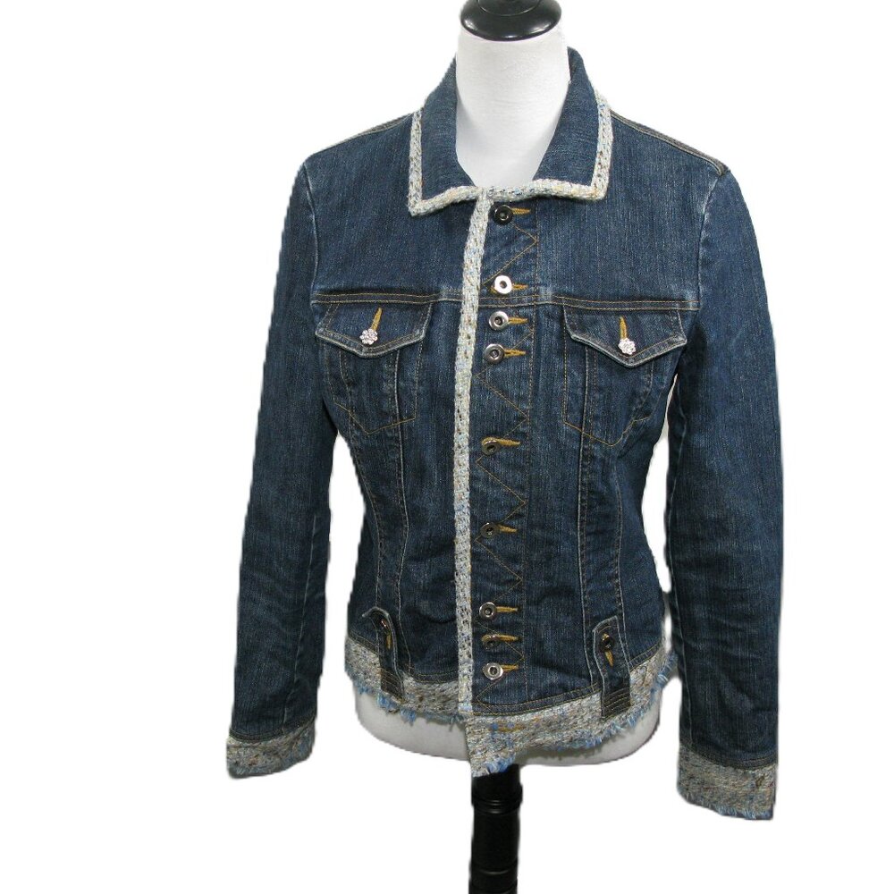 Cache Blue Tweed Trim Denim Jacket Size 8